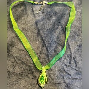 Necklace/green ribbon with glass pendant, handmade, NWOT